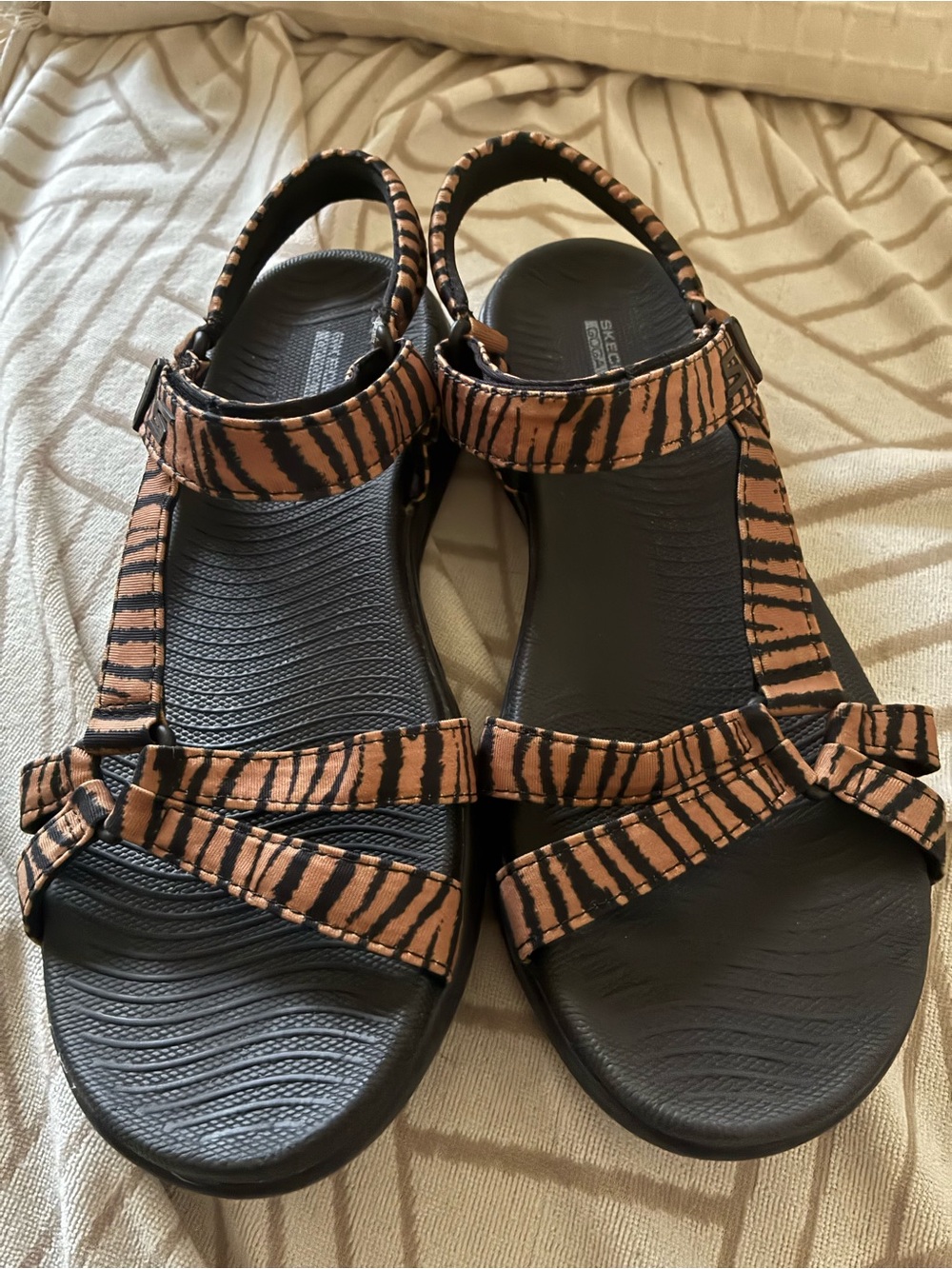 Skechers Women's Tiger-Print Strappy Sandal in Tan/Black